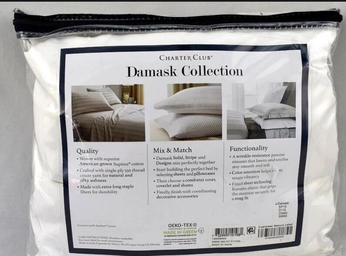 Charter Club Damask Stripe 550 Thread Count KING Fitted Sheet White1