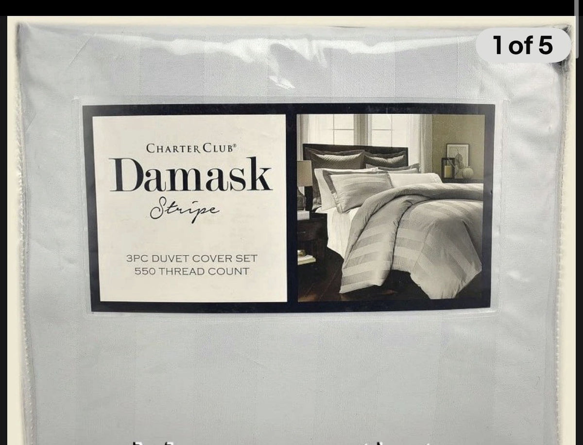 Charter Club Damask Stripe 550 Thread Count FULL / QUEEN Duvet Set Set Vapor0