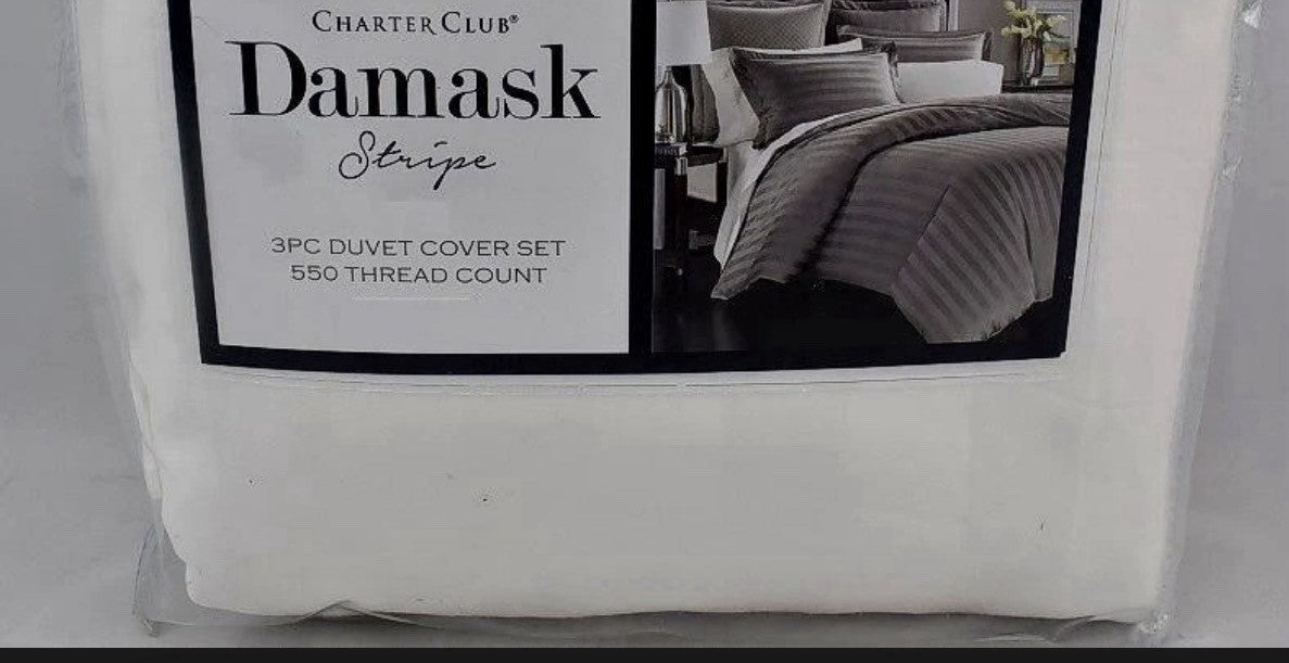 Charter Club Damask Stripe 550 Thread Count KING Duvet Cover & Shams Set White0