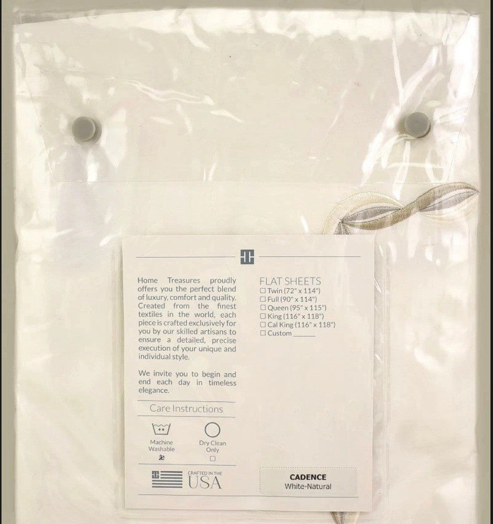 Home Treasures Cadence Embroidered Cotton Sateen QUEEN Flat Sheet White /Natural1