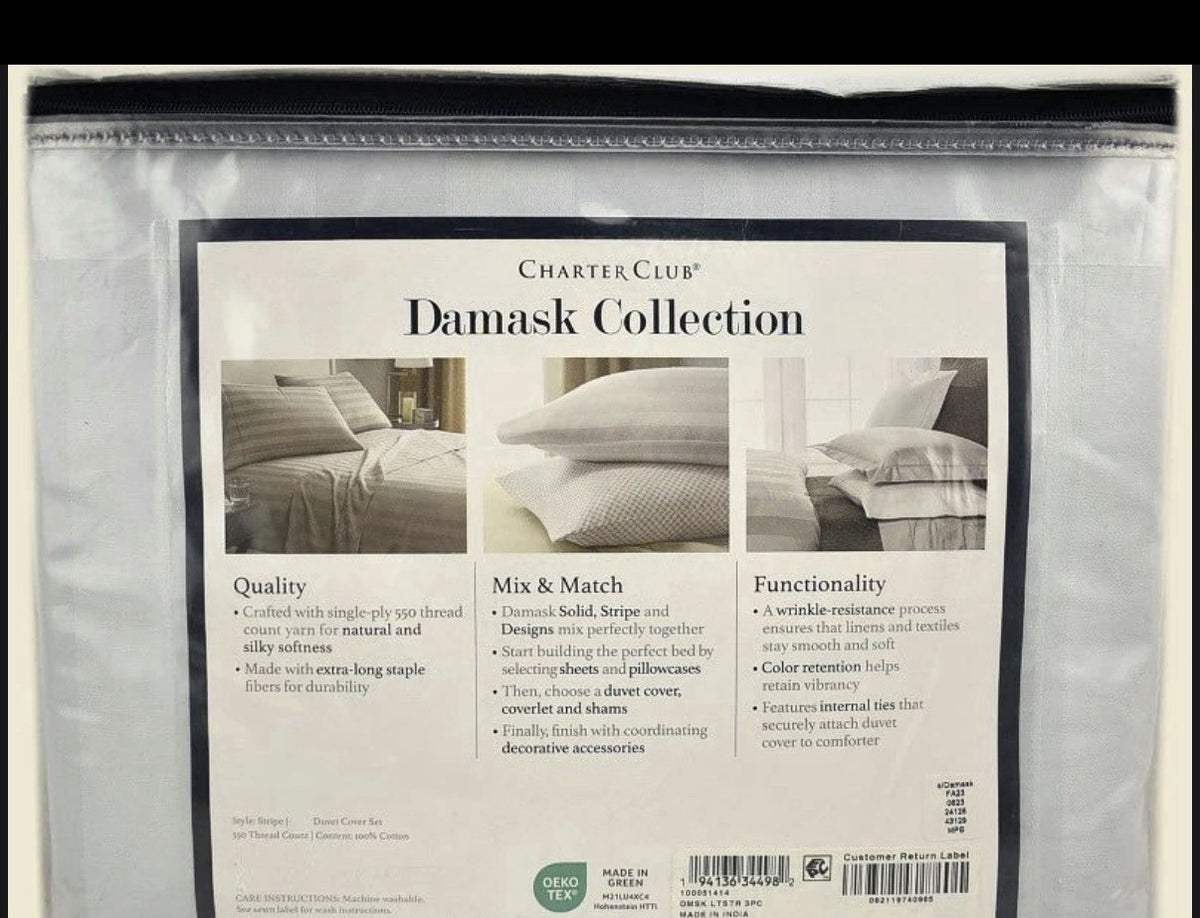 Charter Club Damask Stripe 550 Thread Count FULL / QUEEN Duvet Set Set Vapor1