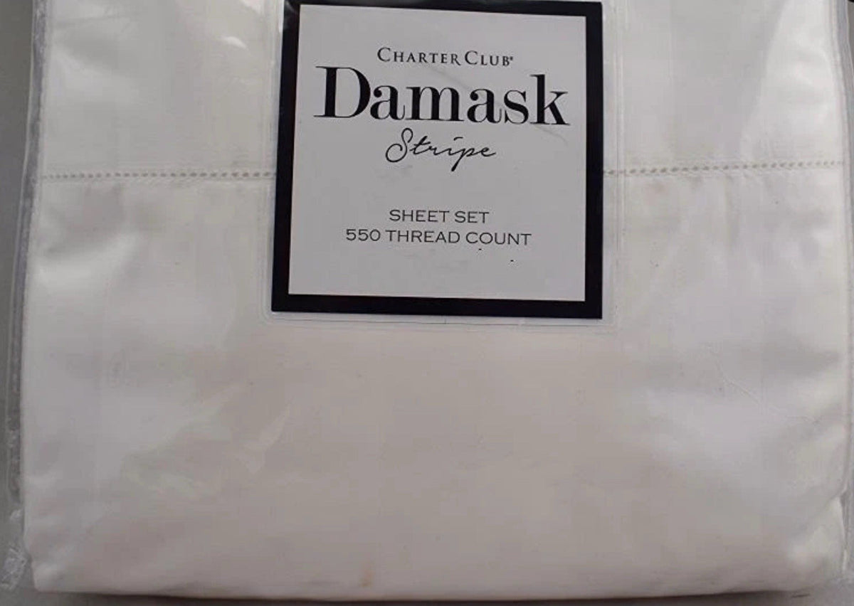 Charter Club Damask Stripe 550 Thread Count QUEEN Sheet Set White0