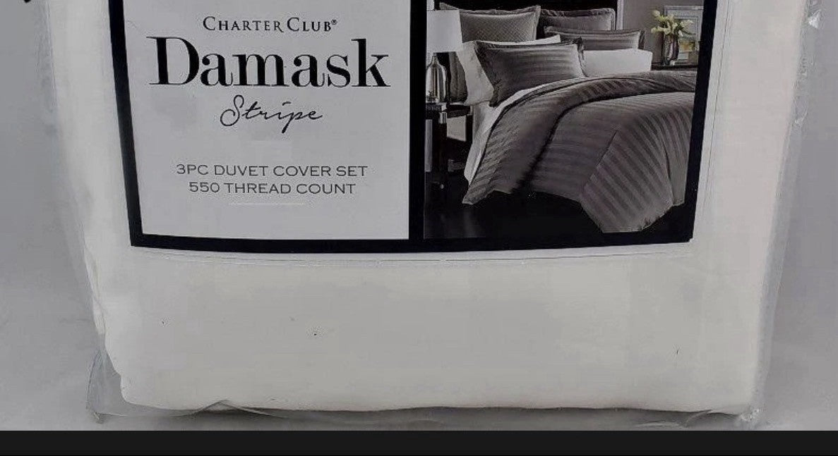 Charter Club Damask Stripe 550 Thread Count KING Duvet Cover & Shams Set White0