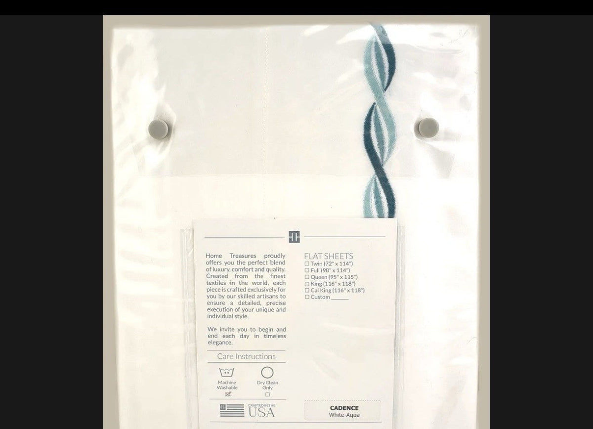 Home Treasures Cadence Embroidered Cotton Sateen KING Flat Sheet White / Aqua1