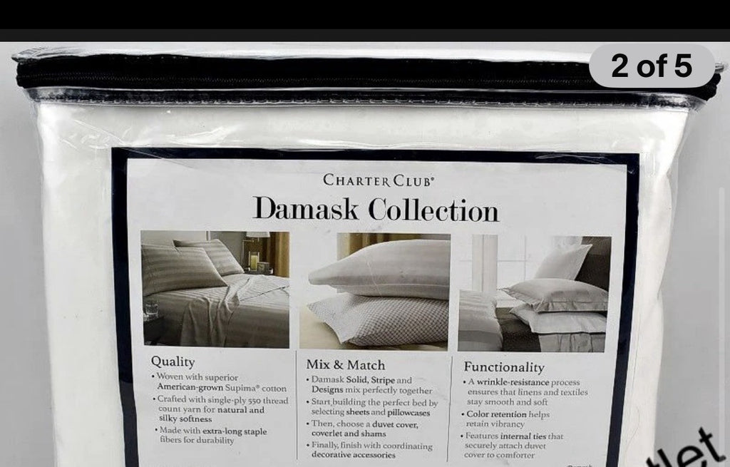 Charter Club Damask Stripe 550 Thread Count KING Duvet Cover & Shams Set White1