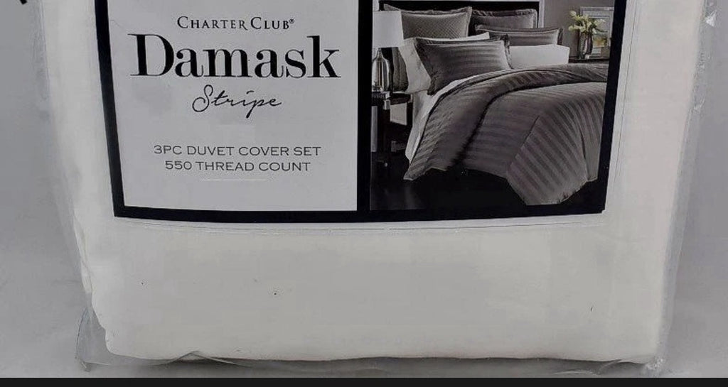 Charter Club Damask Stripe 550 Thread Count KING Duvet Cover & Shams Set White1