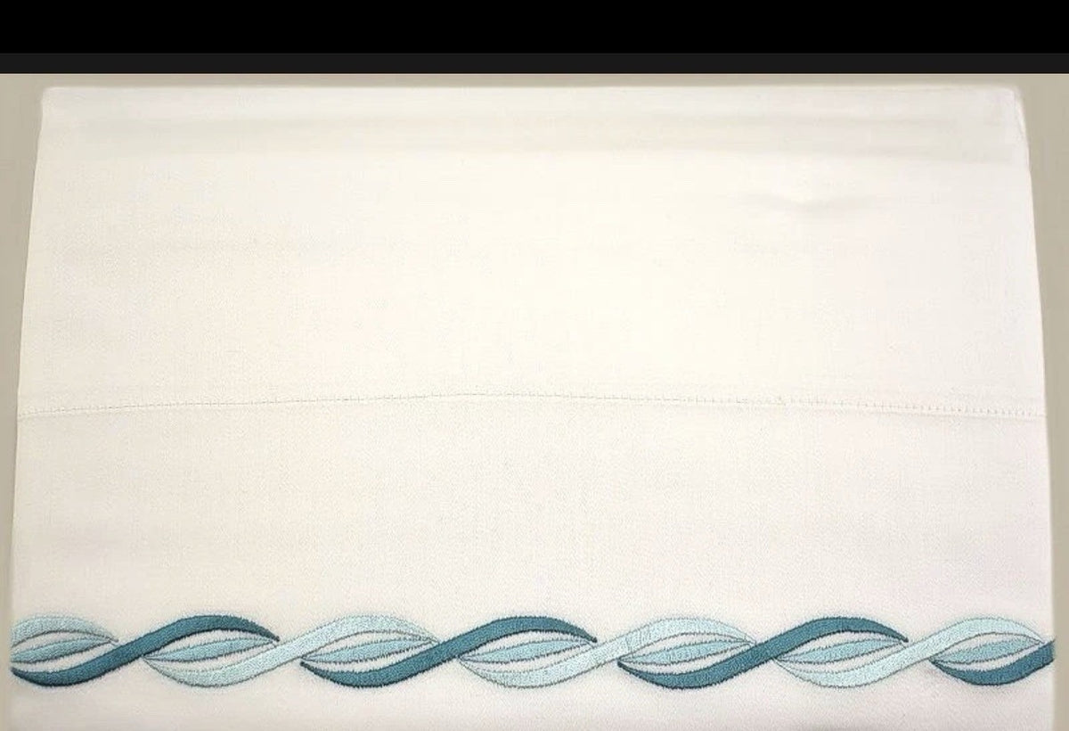 Home Treasures Cadence Embroidered Cotton Sateen KING Flat Sheet White / Aqua2