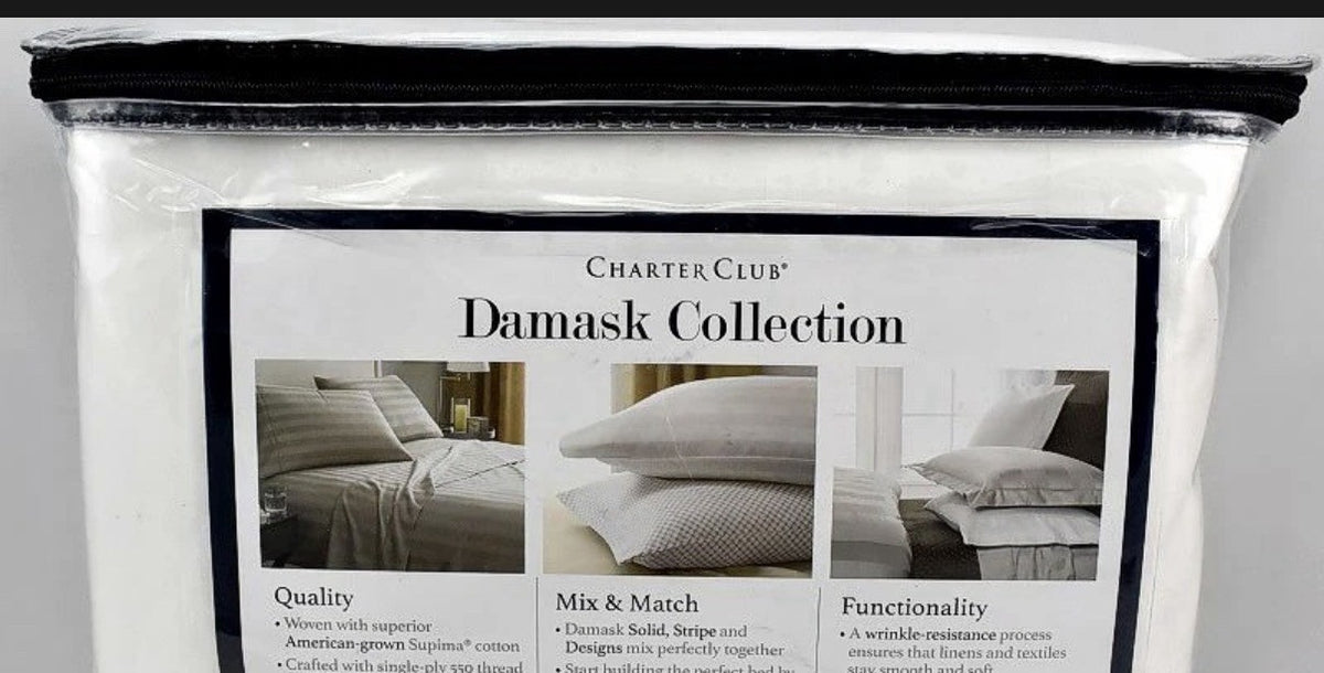 Charter Club Damask Stripe 550 Thread Count KING Duvet Cover & Shams Set White1